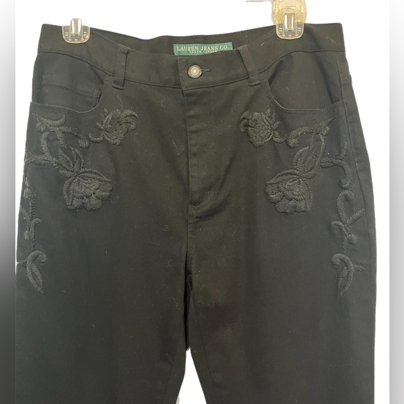 Ralph Lauren Women Black Denim Dark Wash Straight Jeans 10 Floral Embroidery - Picture 3 of 5